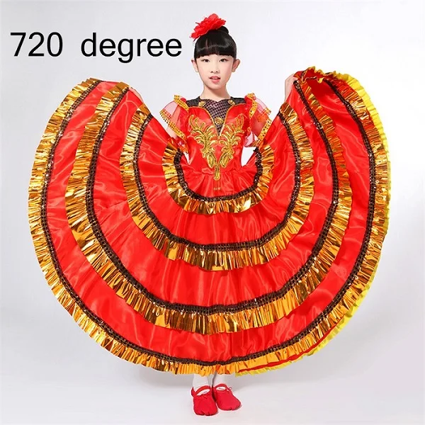 Испанский костюм для девочек, Длинное Красное фламенко платье бальная юбка Фламенго для девочек, детские танцевальные платья, костюмы для детей, одежда DN3038 - Цвет: 720 degree