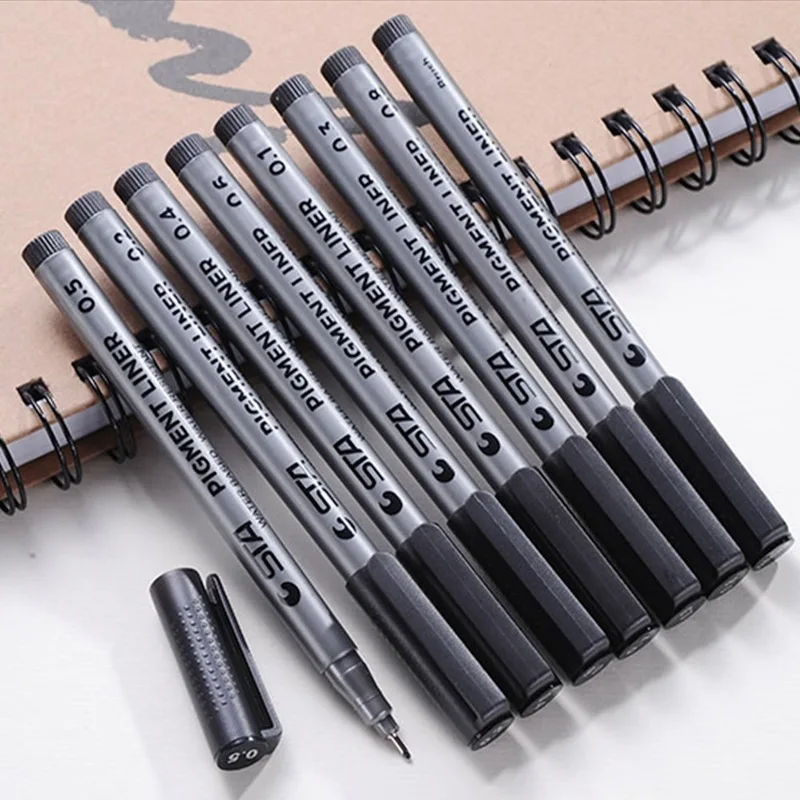 Цельнокроеное платье вкладыш микрон чернила маркер для белой доски 0,05 0,1 0,2 0,3 0,4 0,5 0,6 0,8 различных наконечников, черная ручка эскизов ручки