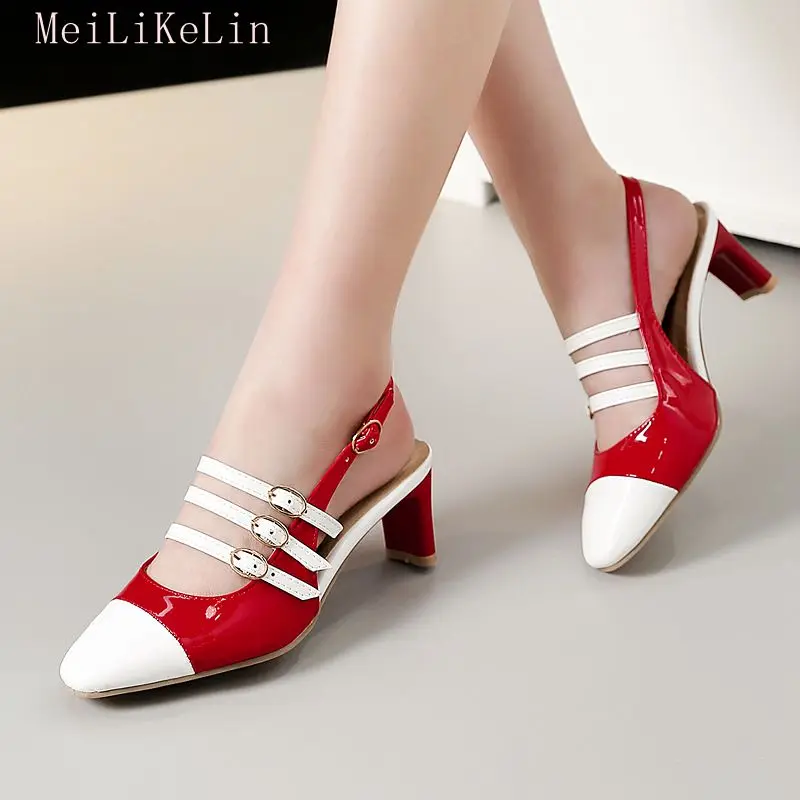 

MeiLiKeLin 2019 New Women High Heeled Sandals Pumps Match Color Buckle Belt Party Sandals womens Heels Med Heel Shoe Big Size 42