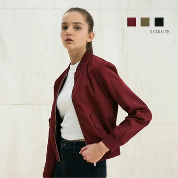

Women Basic Bomber Jackets Army Green Casual Long Sleeve Jacket Coat Zipper Chaquetas Biker Outwear Stand Collar Outerwear S-XL