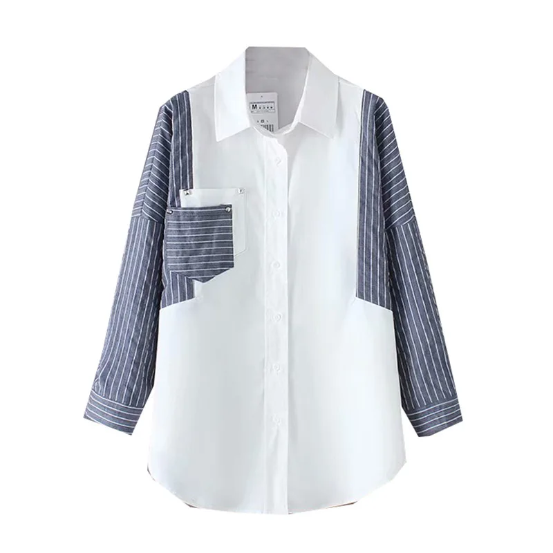 

Fashion women Spring 2019 New Retro Fashion Personality Stitching Rivet Decoration Stripe Long Sleeve Shirt Women0224