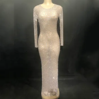 

Women Sexy Bling Long Rhinestone Dress High Grade Net Yarn Full Glass Sparkling Crystal Nightclub Party Dancer Singer Stage Wear
