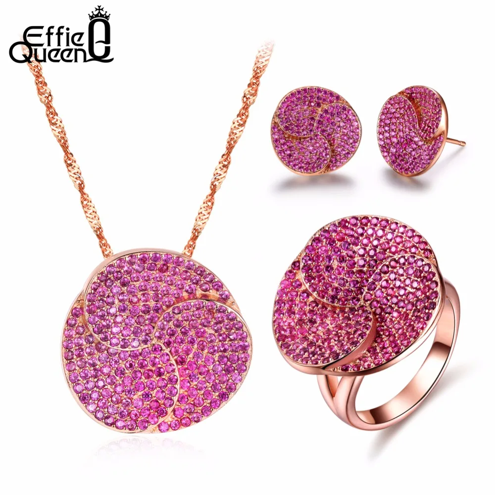 

Effie Queen Rose Gold Color Earrings & Ring & Necklace Jewelry Sets with Micro Paved AAA Cubic Zirconia for Women Accessory DS99