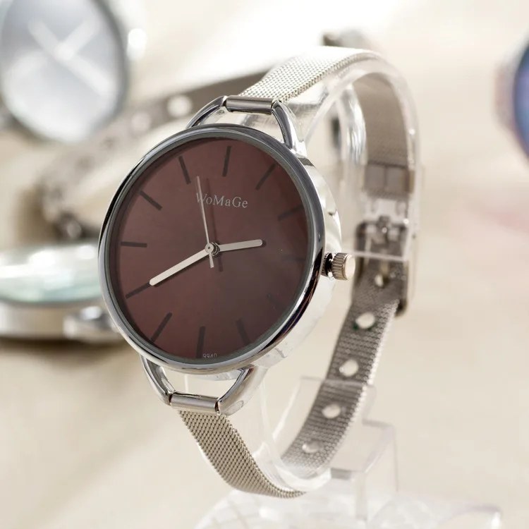 WoMaGe Женские часы тонкий ремень цвета лица посеребренный браслет Кварцевые женские наручные часы для девочек 12 цветов 100 шт/партия