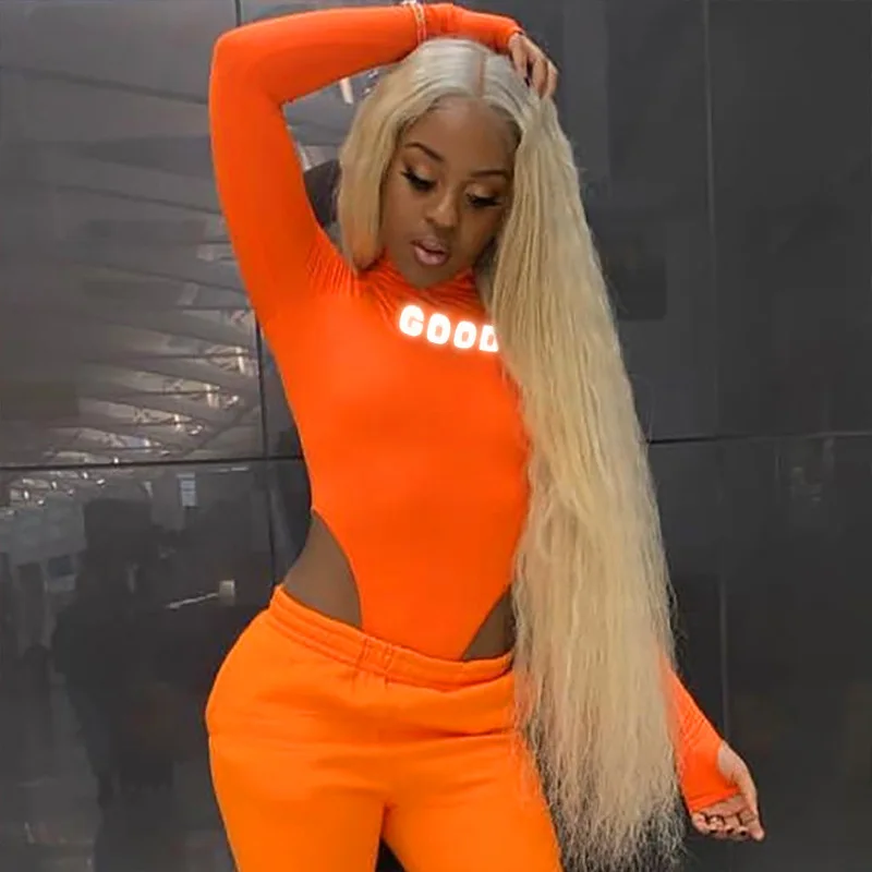 BOOFEENAA сексуальное боди со светоотражающими буквами, с высоким вырезом, с длинными рукавами, женская комбинация, лайм, зеленый, неоновый, оранжевый цвет, Клубная одежда, осенняя C66-I09 - Color: Orange