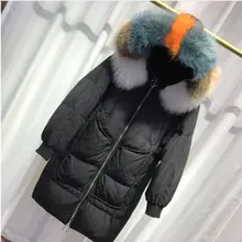Высокое качество, зимний, толстый, с капюшоном, свободный, длинный пуховик для женщин, воротник из натурального меха, 90%, белый, утиный пух, парки размера плюс, пальто