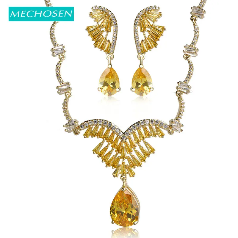 

MECHOSEN Luxury Women Bridal Jewelry Set Water Drop Rhinestone Necklace Long Earrings Set Yellow Zirconia Collier Brinco Schmuck