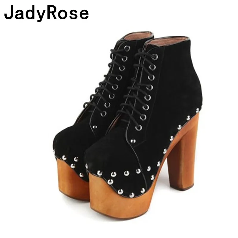 Femmes Feminina Bottes Daim D'hiver Cheville Chunky Femme Bottine Clouté En Dentelle Woody Talons Haute Botas Noir Up FFwxqpBr1