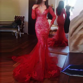 

Sexy Deep V Neck Mermaid Prom Dresses 2019 Long Sleeve Floor Length Tulle Lace Applique Beading Formal Evening Dress Party Gowns