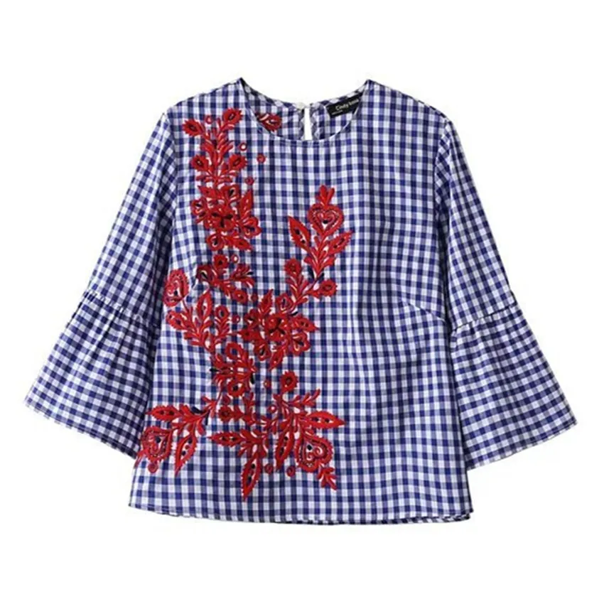 Buy Checkered shirt Floral Embroidery Blouse Plaid