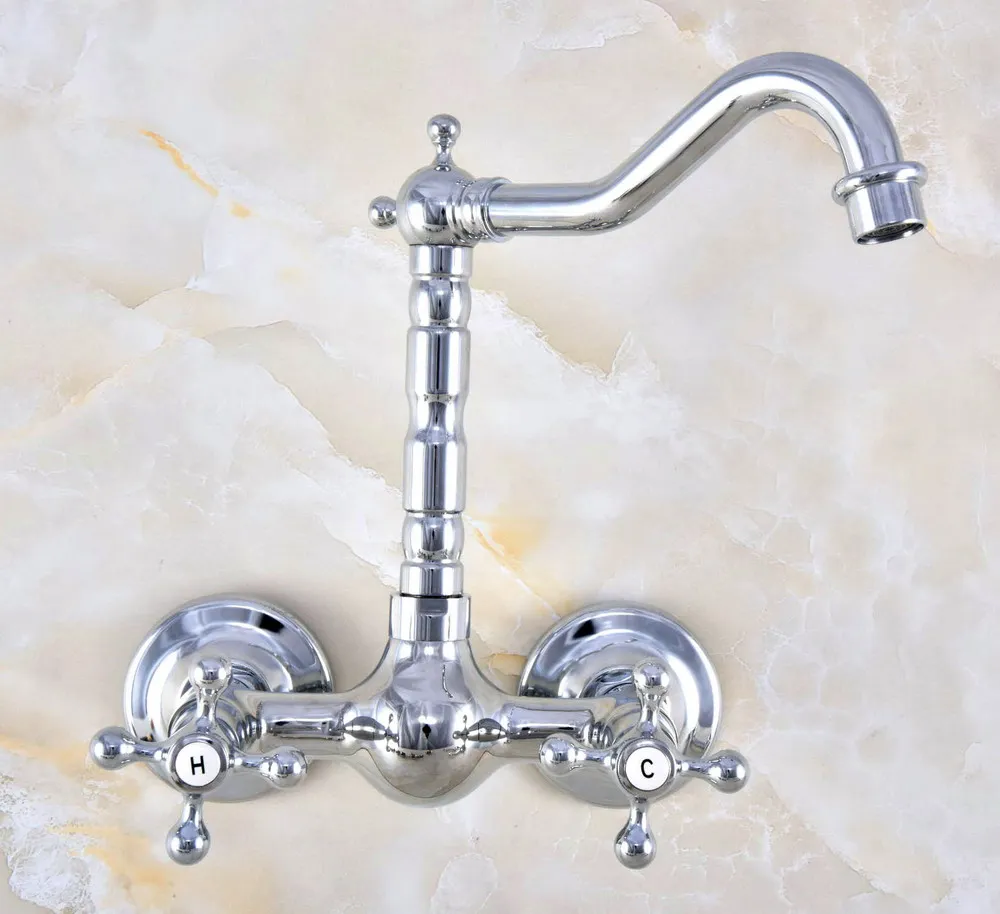Modern Polished Chrome Brass Wall Mounted Bathroom Basin Kitchen Sink Faucet Swivel Spout Mixer Tap Dual Cross Handles anf584