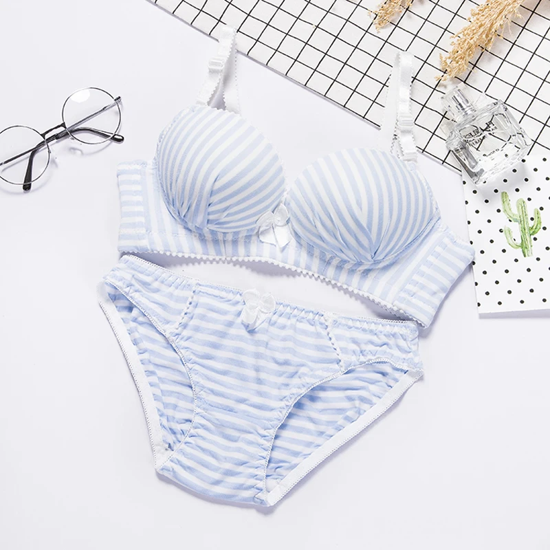 

TERMEZY Lolota Cotton Summer Academy Wind Stripes Bra Sets Girls Push Up No Steel Sexy Underwear Lingerie Bra & Brief Sets