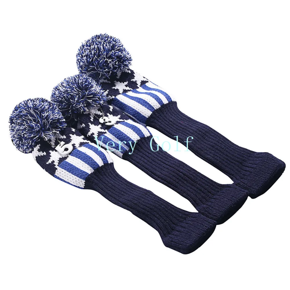 

Pom Pom Golf Club Headcovers Wool Knit Golf Driver Fairway1# 3# 5# 460cc Star&Stripes Cover For G25 R15 Head Cover 3pcs/set