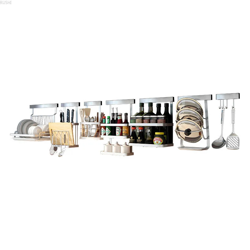  Punch-free Kitchen Shelf Wall Mounted Collection Shelf Storage Rack Stainless Steel Kitchen Rack Bo - 33034256537