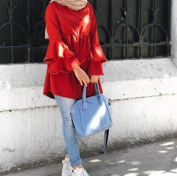

Fashion High Quality Girl's Blouse Lotus Leaf Sleeve Casual Top Long Sleeve Islamism Blouses Tops for Muslim Women 8005