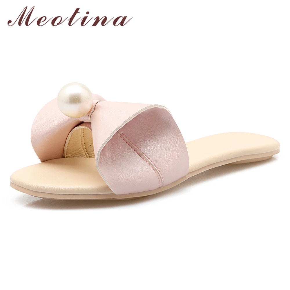 

Meotina Women Shoes Summer Slides Sweet Bow Flat Shoes Pearl Open Toe Casual Slippers Ladies 2019 Sandals White Pink Size 33-40