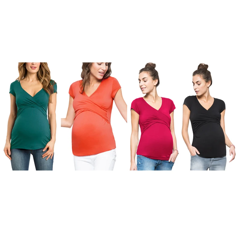 Plus Size V-neck Short Sleeve Maternity Breastfeeding Tops Pregnancy T-Shirts Nursing Clothes For Pregnant Women Feeding Tees