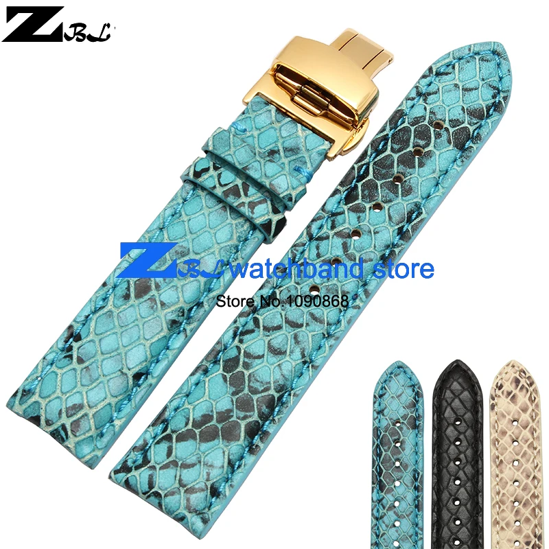 Snakeskin grain Genuine leather watchband 20mm watch belt strap wristwatches band watch leather bracelet Butterfly clasp
