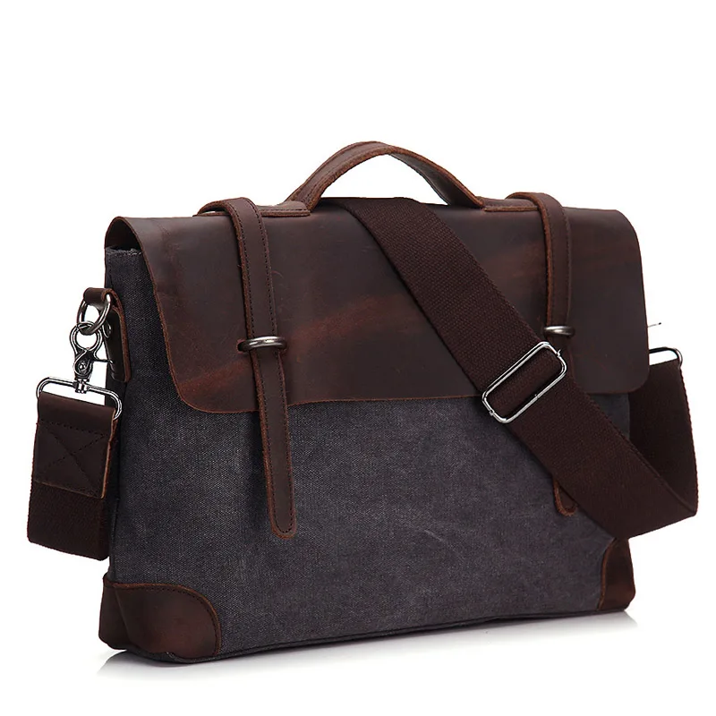  Men Briefcase Handbag Genuine Leather And Canvas Patchwork Men's Messenger Bag Vintage Brand Male S - 32846748544