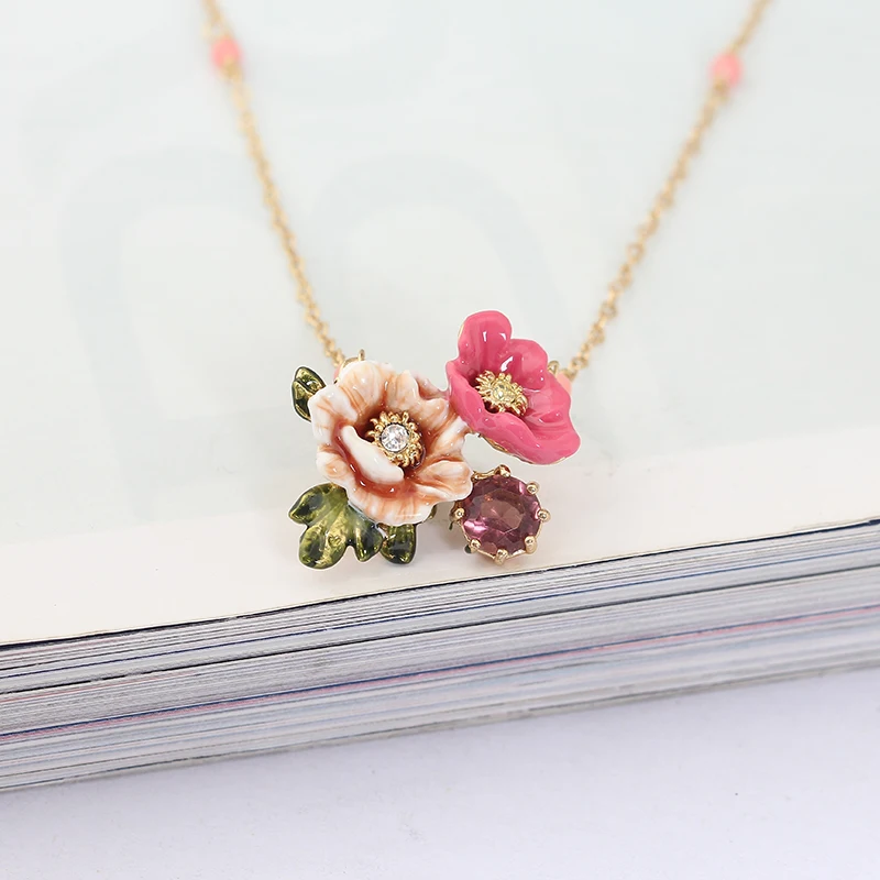 Winter Garden Pink Colour Chinese Herbaceous Peony Two tone Flower Diamond Necklace Clavicle Chain Woman Sweet Princess Fund|crystal