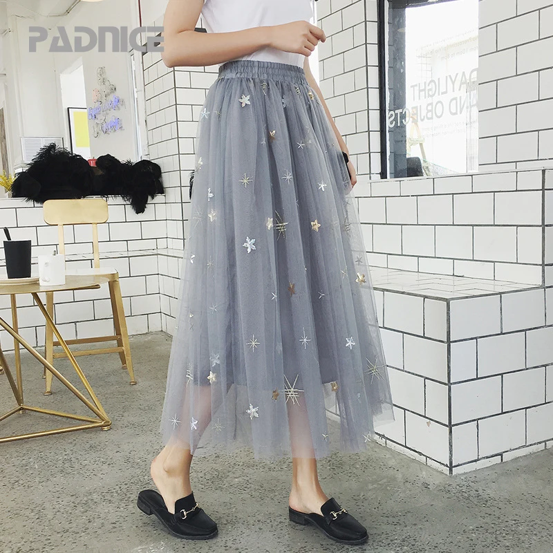 

Summer Women Skirt Embroidery Full Star Nets High Waist Women Party Causal Longuette Skirts Fairy Long Ball Gown Skirt Pleated
