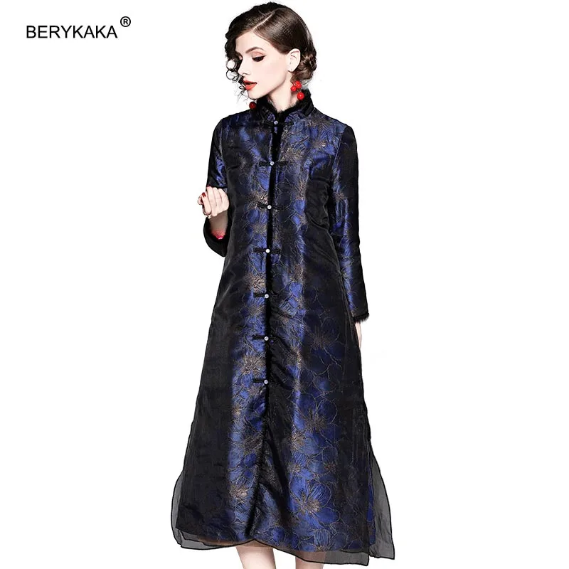 Для женщин темно-голубое платье зимняя одежда Cheongsam платья вышивка женский