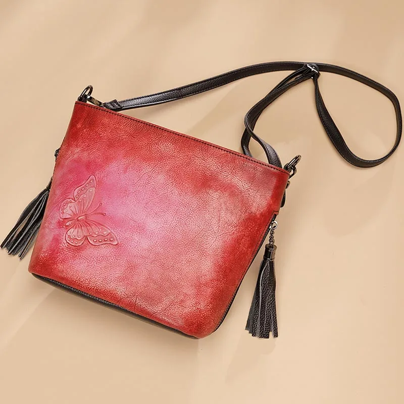

Chinese Style Noble Women Shoulder Bag Genuine Leather Top Leather Butterfly Pattern Flap Party Bucket Crossbody / Messenger Bag