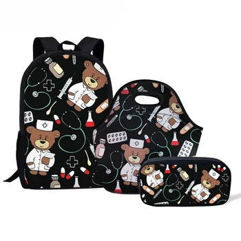 

Cartoon Bear Nurse Pattern School Bags for Teen Girls Fashion Primary Students Book Backpack With Lunch Food & Pen Set Wholesale
