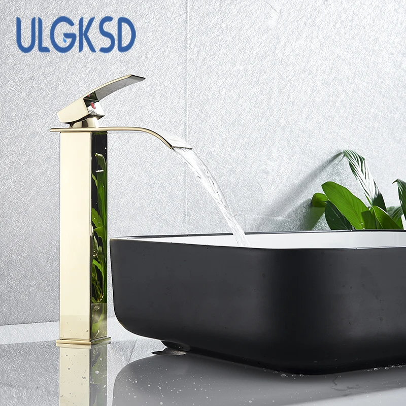 

ULGKSD Bathroom Faucet Waterfall Counter-top Vanity Sink Mixer Tap Hot and Cold Waterfall Basin Faucets ORB and Golden