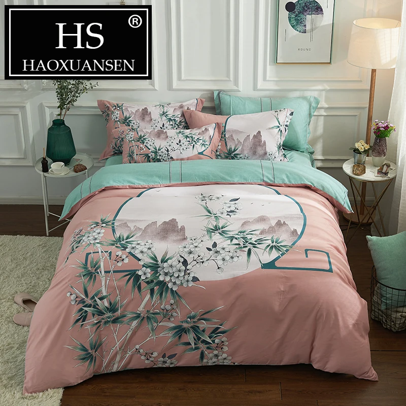 Chinese Style Bamboo Printing Bed Sheet Duvet Cover Set Bed Linen and