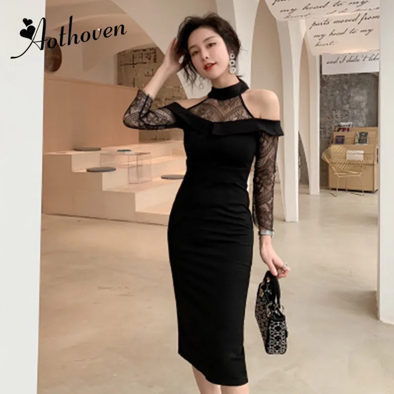 

Womens Dresses Lace Patchwork Three Quarter Sleeve Halter Dress Spring Office Vintage Bodycon Sexy Party Pencil Bandage Dress