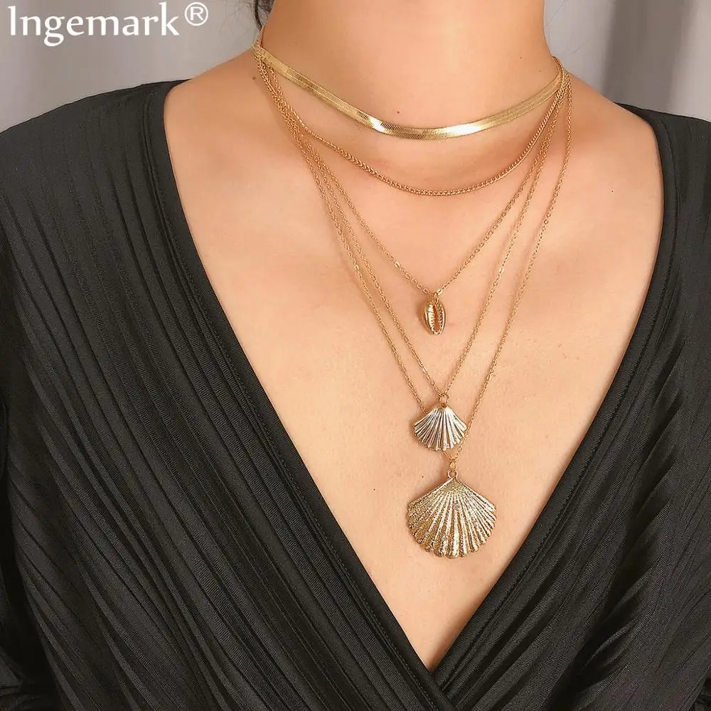 

Ingemark Bohemian Ocean Seashell Pendant Chocker Necklace 2019 Beach Multilayer Big Scallop Snake Long Chain Necklace for Women