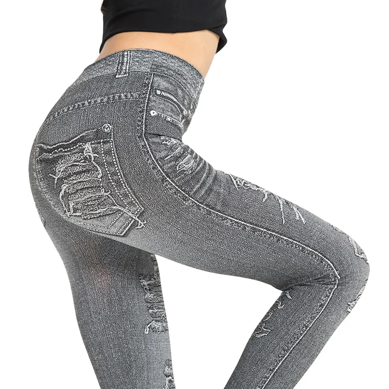

New Fashion Women Leggings Mock Pocket And Hole Jeans Slim Pants Woman Jeggings Ladies Denim Skinny Trousers