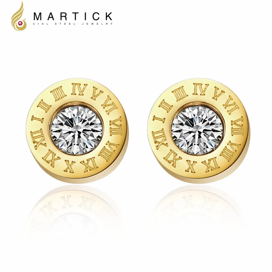 Martick, нержавеющая сталь, Круглый блеск, AAA CZ, 8 мм диаметр, римская цифра, модные серьги-гвоздики для женщин, брендовые ювелирные изделия, высокое качество