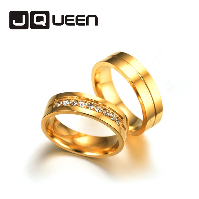 

6MM Women Men Engagement Wedding Rings Stainless Steel Ring For Lovers Gold Crystal Couple Rings Set Size 5 to 13