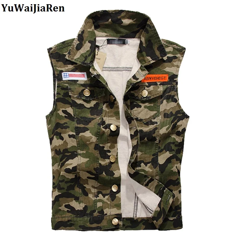 YuWaiJiaRen Denim Vest Men Vintage Sleeveless Washed Jeans Army
