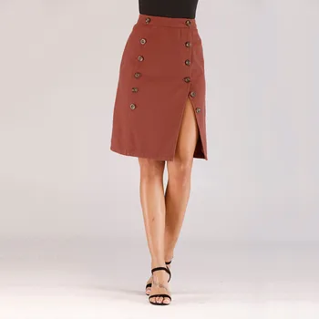 

KLV New Women Fashion Elastic Button Denim Open Casual Boot Cut Skirt Ladies Button Asymmetrical Skirts Full Season Drop 2.13