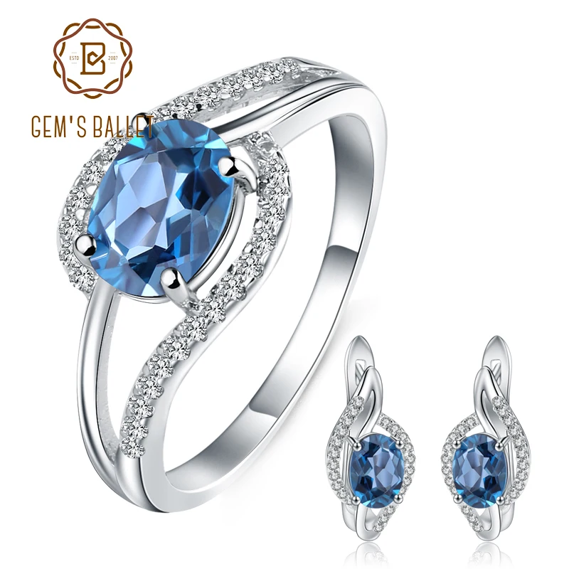 

GEM'S BALLET 13.7Ct Oval Natural London Blue Topaz Gemstone Jewelry Sets For Women Wedding 925 Sterling Silver Earrings Ring Set