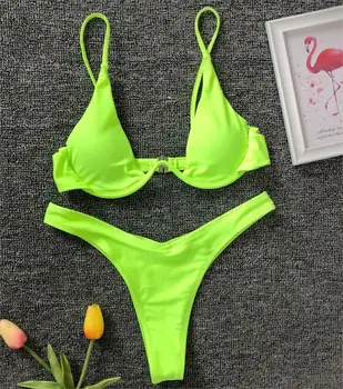 

Sexy Solid Green Underwire Bikini 2020 Push Up Swimsuit Swimwear Women Brazilian Thong Bikinis Set Bathing Suit Maillot De Bain