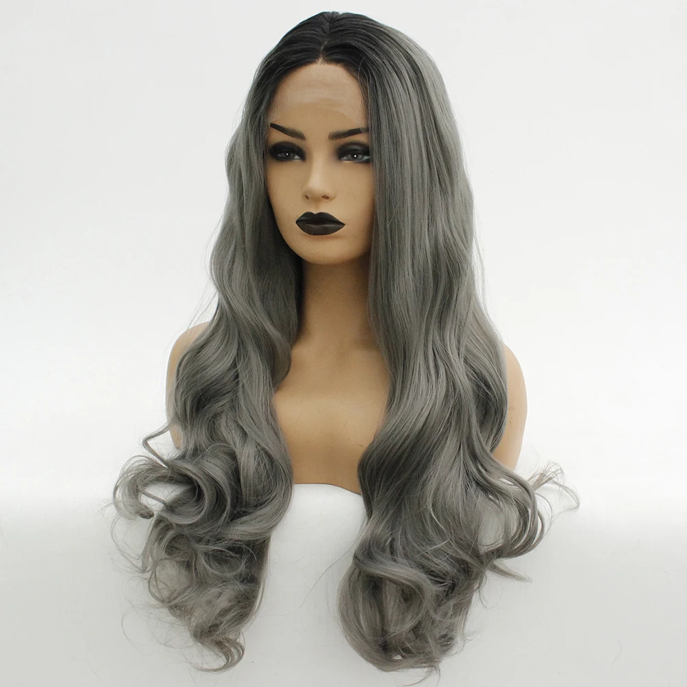 Middle Part Gray Wigs Dark Grey Ombre Black Roots Long Body Wave Synthetic Lace Front Wig for Women High Temperature Fiber -5