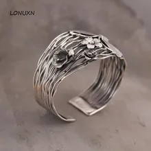 Чистый 925 пробы Серебряный браслет для женщин широкий 42 мм Таиланд ручной работы Бабочка Цветы Открытый браслет полые женские ювелирные изделия