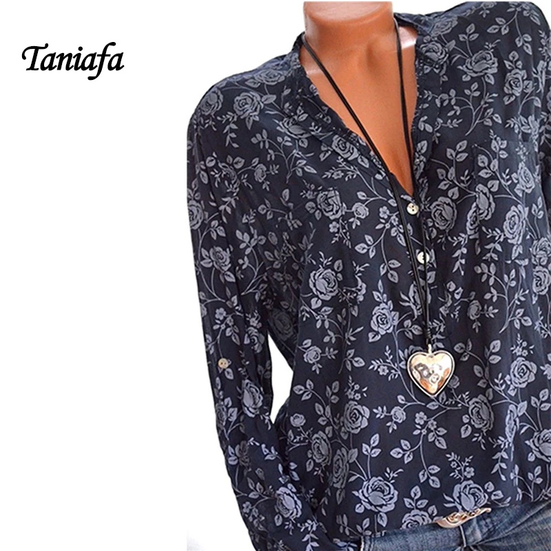 2018 New Arrival Women Shirt Long Sleeve V-Neck Button Print Casual Sexy Shirts Career Fashion Office T Shirts Tops Plus Size