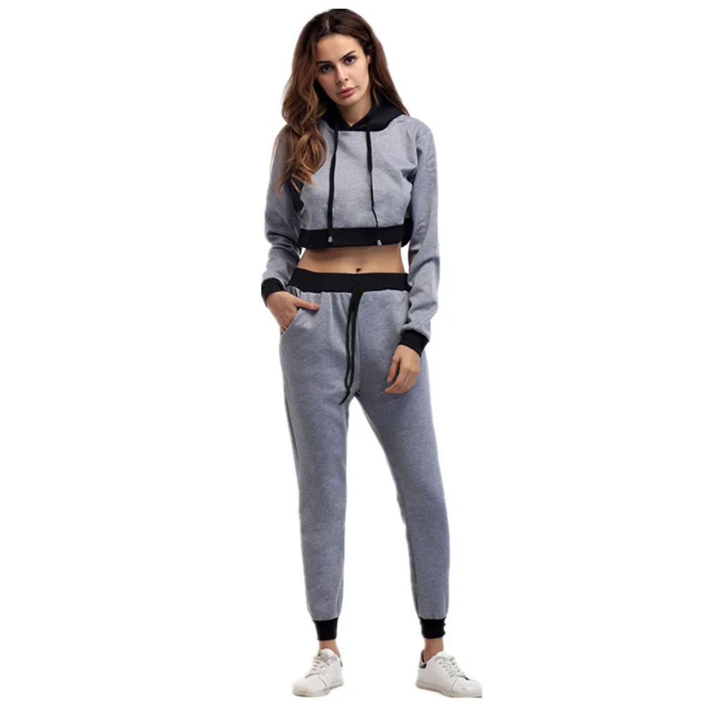 

2018 new hooded short top + color matching trousers two-piece suit