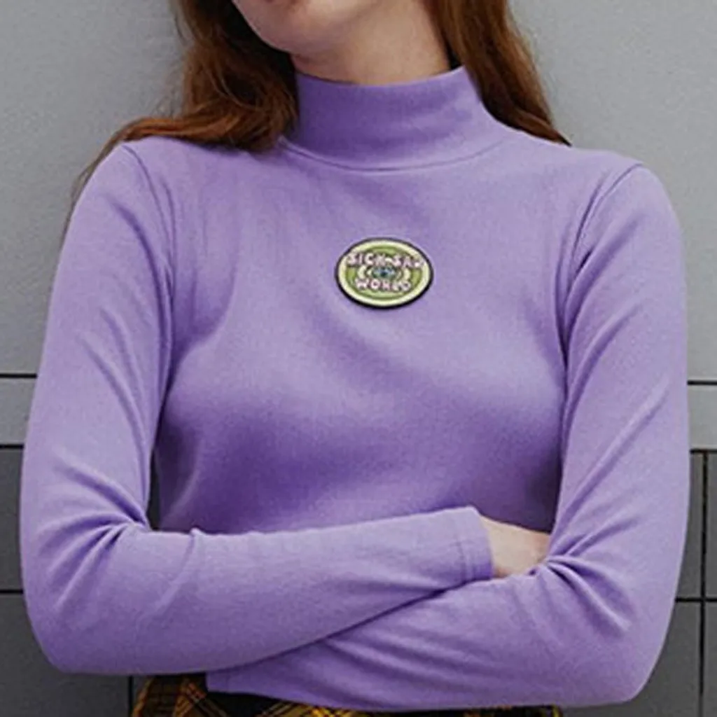 Women Harajuku sweater Letter Embroidery Turtleneck Purple jumper Long Sleeve Autumn modis Short kawaii sueter feminino#3s