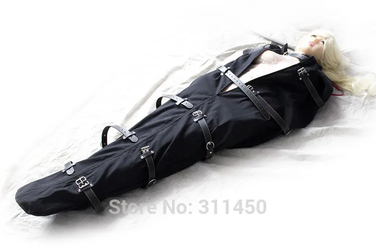 Черный холст рабства сна мешок с кожаными ремешками Оболочке Тела сдержанность Маска для ролевых игр готический костюм