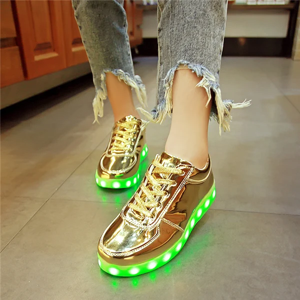 7ipupas USB Зарядное устройство детская обувь со светодиодной подсветкой для мальчиков и девочек; кроссовки для мужчин со светящейся детский светильник со шнуровкой обувь вела тапочки Повседневное светящиеся кроссовки - Цвет: FDH02O Gold