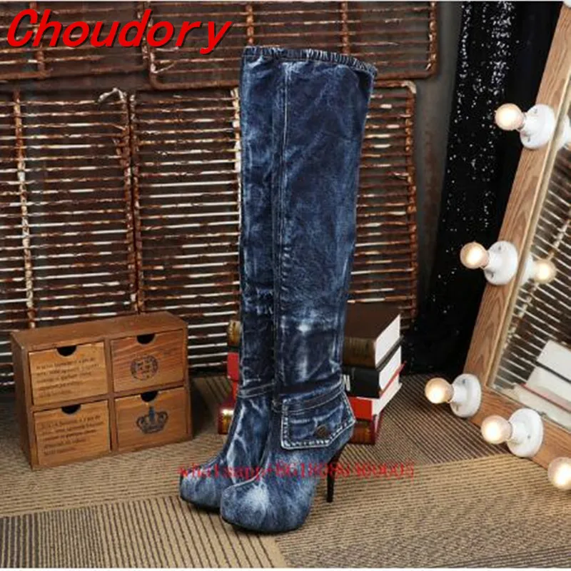 Женские джинсовые сапоги на высоком каблуке выше колена|thigh high boots|blue denim bootshigh boots |