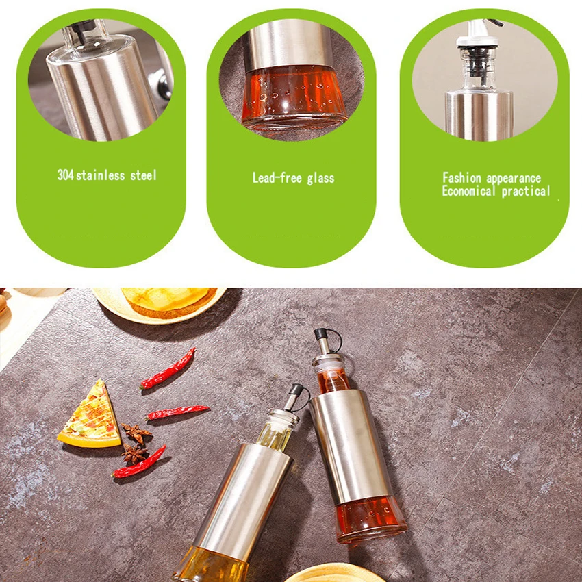 Kitchen Glass Oil Bottle Stainless Steel Leak-proof Soy Sauce Vinegar Cruet Storage Dispenser Jar Or Storage for Cooking Tools 6