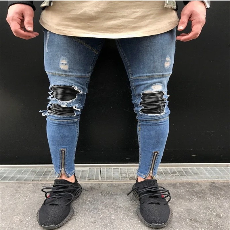 2017 New Fashion Autumn Fake Zippers Slim Pencil Men's Ripped Patchwork Skinny Biker Jeans Destroyed Frayed Fit Trousers | Мужская