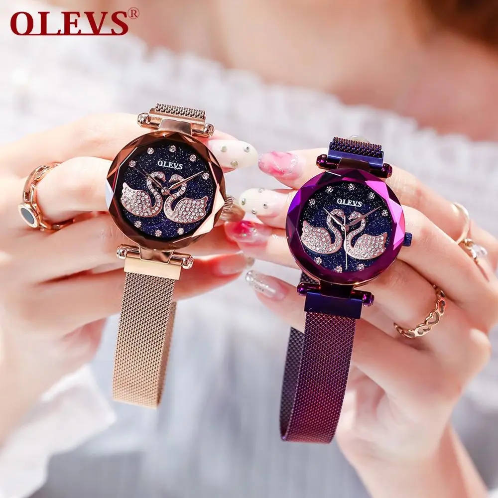Olevs Fashion Trends 2019 Latest Design Quartz Women's Watch Swan Inlay Zircon Quartz Watch Black/Blue/Gold/Purple